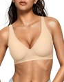 Seamless nude deep V-neck bralette with wide support band and wireless push-up design - Nude