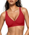 Women's seamless red deep V-neck wireless bra with supportive wide shoulder straps - Red