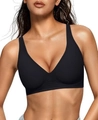 Women's deep V seamless wire-free comfort bra in black finish with wide straps - Black