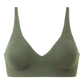 Detail view of seamless deep V-neck bra in olive green with wide support band - Green