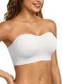 White ribbed bandeau bra with seamless strapless design and non-slip support finish - S / White