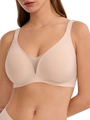 Detail view of seamless beige bra with deep V-neckline and breathable mesh stitching - 3XL / Nude