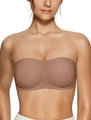 Seamless strapless bandeau bra with padded cups in coffee brown color on model - L / Coffee