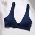 Seamless ribbed deep V-neck sports bra in dark blue with supportive elastic hem - Navy Blue