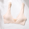 Seamless V-neck bralette in dusty pink ribbed fabric with wide shoulder straps - Apricot