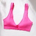 Bright pink seamless ribbed sports bra with deep V-neck and wide shoulder straps - Rose Red