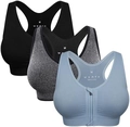 Drei Sport-BHs Set in Schwarz, Melange-Grau und Hellblau mit praktischem Front-Reißverschluss - M / Schwarz/Grau/Hellblau