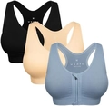 Set of 3 women's sports bras with front zipper in black, nude, and blue wireless design - L / Black/Beige/Light Blue