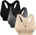 Three-pack sports bras in black, grey, and beige featuring a front zipper and racerback design - XL / Black/Gray/Beige