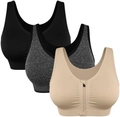 Wireless front zip sports bras set in black, grey and beige colors with wide straps - M / Black/Beige/Gray