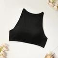 High-neck black sports bra with wide elastic band on a minimal aesthetic background - S / Black