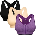 Set of 3 sports bras in black, beige, and purple featuring front zippers and racerback - XL / Black/Beige/Purple