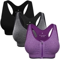 Three-pack sports bras in black grey and purple with racerback and front zipper - XL / Black/Gray/Purple