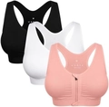 Three-pack sports bras in black white and pink featuring a front zipper and racerback - 2XL / Black/White/Peach Pink
