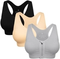 3-pack seamless racerback sports bras in black, beige, and grey with front zipper detail - L / Black/Beige/Light Gray