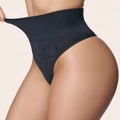 High waist black tummy control thong with floral jacquard and compression fabric - XS / Black