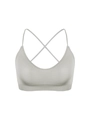Macro detail of seamless ribbed light gray sports bra with thin straps and cross back - S / Gray