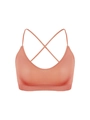 Close-up of coral ribbed sports bra with thin straps and elastic underband details - S / Brown