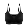 Detail eines schwarzen nahtlosen Sport-BHs mit verstellbaren Trägern und Raffung vorne - S / Schwarz