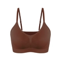 Detail of seamless plus size brown yoga bra with adjustable thin straps and ruching - Brown