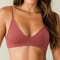 Seamless terracotta ribbed bralette with thin straps and deep V-neckline yoga top - Burgundy