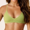 Seamless green ribbed knit sports bra with thin straps and a deep V-neckline finish - Army Green
