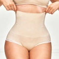 High-waisted tummy control shaping underwear with diamond texture and lace in beige - S / Apricot