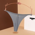 Seamless grey thong for women in ice silk fabric with thin straps and metal hanger display - S / Gray