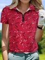 Close-up of red short sleeve polo shirt featuring golf tee print and half-zip collar - S / Tops / Red