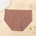 Seamless high-waist women's panties in mauve with ribbed texture and wavy edges - Brick Red