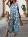 Détail de la robe longue d'été à col en V avec dégradé sarcelle et imprimé floral boho - Bleu