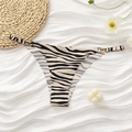 Seamless zebra print women's underwear with side metal rings on white silk background - S / High Cut Bikini Style / Zebra