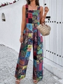 Detailed view of women's bohemian floral print wide-leg jumpsuit with square neckline - XL / Top And Bottom / Blue
