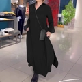 Vestido largo negro elegante de manga larga con cuello en V y aberturas laterales pro - S / Negro