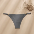 Seamless dark grey ice silk thong for women with gold metal ring side detailing - S / Gray