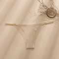 Beige ice silk seamless thong with elegant side triple gold ring metal buckles - S / Nude