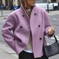Detailed macro view of lavender double-breasted wool coat fabric and classic lapel - S / Tops / Purple