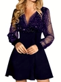 Deep purple V-neck dress with silver sequined mesh sleeves and fitted waistline - S / Navy Blue