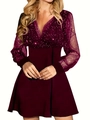 Elegant burgundy V-neck mini dress with mesh sequined long sleeves for party - S / Burgundy