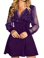 Elegant deep purple V-neck dress with sequined mesh long sleeves and A-line skirt - S / Purple