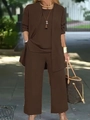 Elegante completo tre pezzi marrone cioccolato con cardigan lungo e pantaloni larghi - Taglia S / Top E Pantaloni / Caffè
