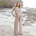 Women's 2-piece lounge set with long sleeve crop top and wide leg pants in light khaki - S / Khaki