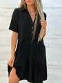Damen Kurzarmkleid in Schwarz mit Stufen-Design und V-Ausschnitt aus Baumwollleinen - Schwarz