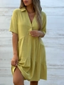Short sleeve tiered cotton linen dress in grass green with a lapel V-neck and button detail - S / Dresses / Yellow-Green