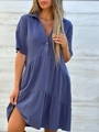 Damen Baumwolle Leinen Stufenkleid in Graublau mit V-Ausschnitt und kurzen Ärmeln - Blau