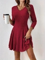 Detailed close-up of burgundy V-neck knitted A-line dress with vertical rib textures - Red