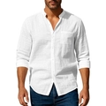 Chemise blanche pour hommes à col montant en lin avec manches retroussables et poche - S / Hauts / Blanc