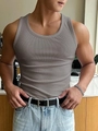Detail of grey ribbed muscle tank top for men showing high-elasticity fabric texture - Gray