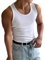 Men's slim fit white ribbed cotton gym vest with a classic crew neck design - White