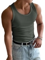 Men's slim fit ribbed knit tank top in dark olive green for summer fitness wear - Green